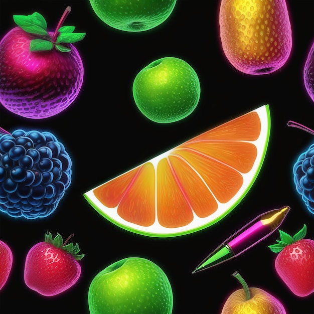 nahtloses Muster mit verschiedenen Früchten und Beeren auf schwarzem Hintergrund