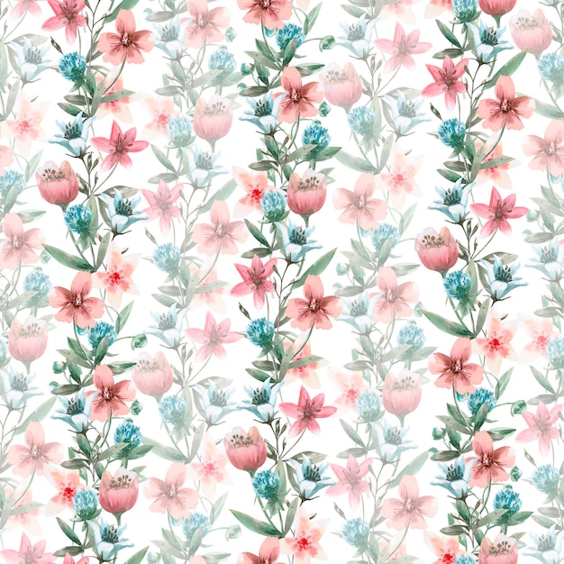 Nahtloses Muster mit vertikalen Rändern aus fabelhaften Wildblumen Aquarell-Illustration in der Fantasie