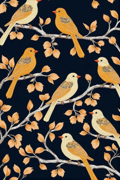 Nahtloses Muster mit Vögeln auf Baumzweigen, wiederholendes Stoffmuster