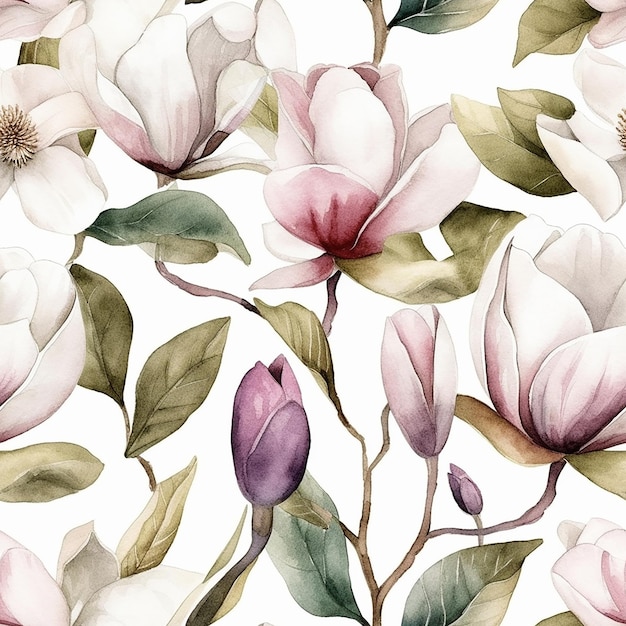 Nahtloses Muster mit weißen Magnolienblüten auf weißem Hintergrund, Aquarell-Illustration