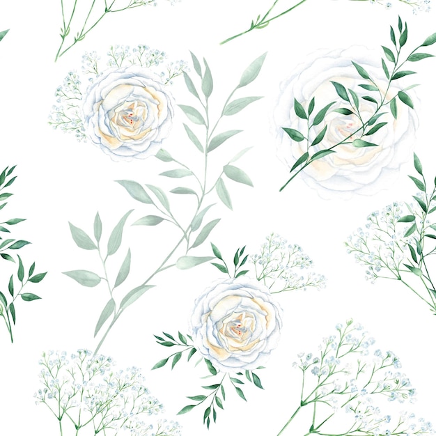 Nahtloses Muster mit weißen Rosen Gypsophila und Pistazienzweigen romantisches Aquarell