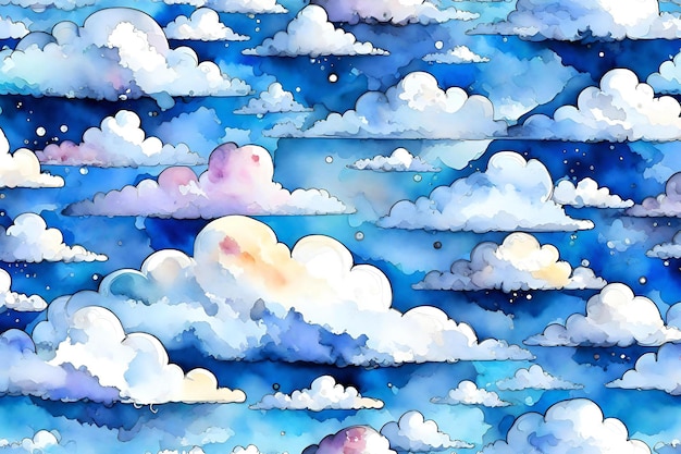 Nahtloses Muster mit Wolken und Sternen Aquarellillustration