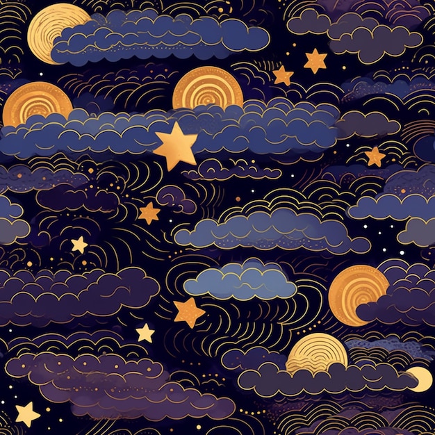 Nahtloses Muster mit Wolken und Sternen auf dunklem Hintergrund.