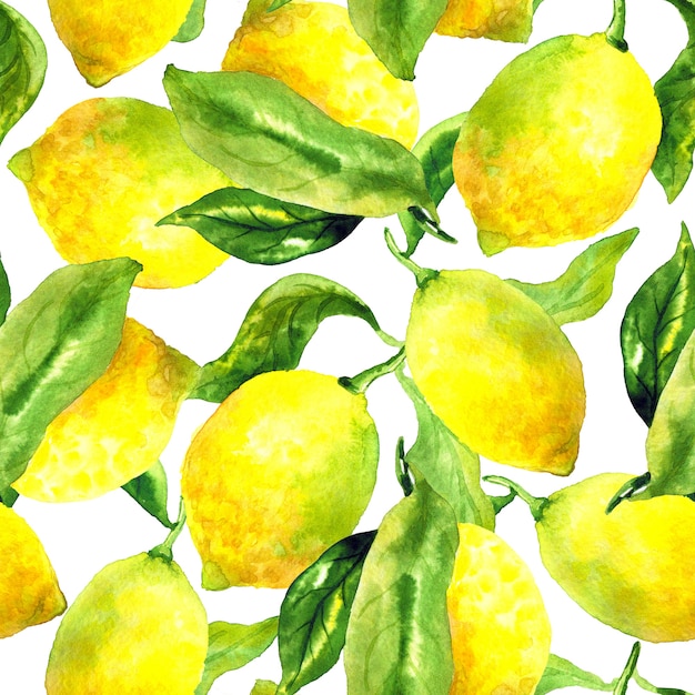 Nahtloses Muster mit Zitronen und Blättern. Hand gezeichnete Aquarellillustration. Textur für Druck, Stoff, Textil, Tapete.