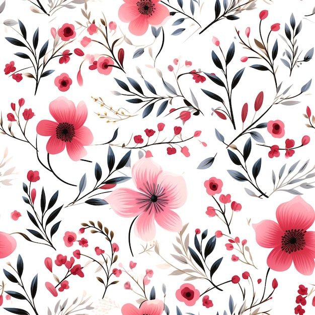 Nahtloses Muster Rosa Blüten und Blätter, die auf weißem Hintergrund wirbeln, einfache Designs, Wasserfarbe, KI generiert