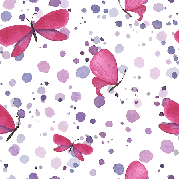 Nahtloses Muster rosa Magenta Schmetterling mit Tropfen Spritzern isoliert auf weißem Hintergrund Aquarell handgezeichnetes Design