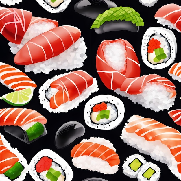 Nahtloses Muster verschiedener Sushi Aquarell handgemalte isolierte Illustration schwarzer Hintergrund
