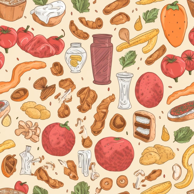 Nahtloses Muster von Bildern von Lebensmitteln und Produkten Generative KI
