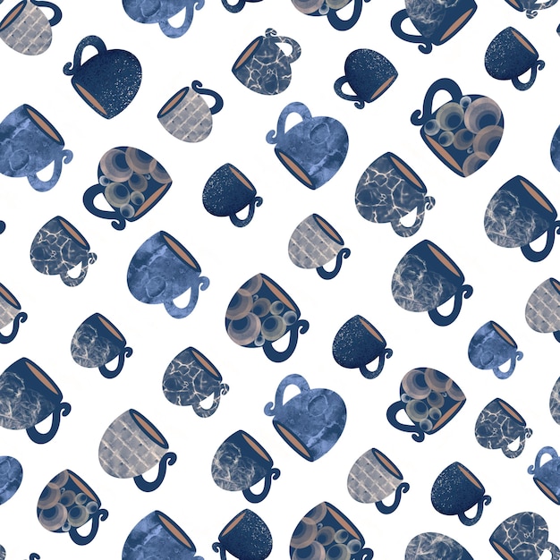 Nahtloses Muster von blauen Tassen und Tassen Design für Küchenzubehör Handtücher