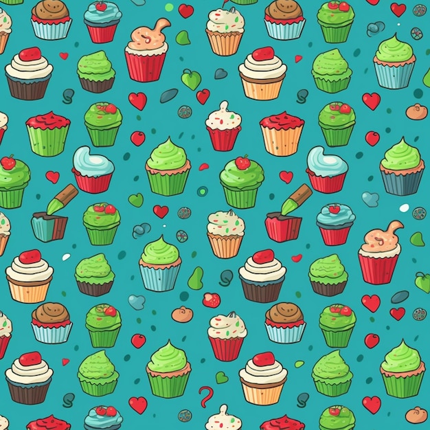 Foto nahtloses muster von cupcakes mit verschiedenen belägen auf blauem hintergrund, generative ki