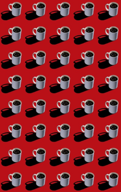 Nahtloses Muster von Kaffeetassen auf rotem Hintergrund