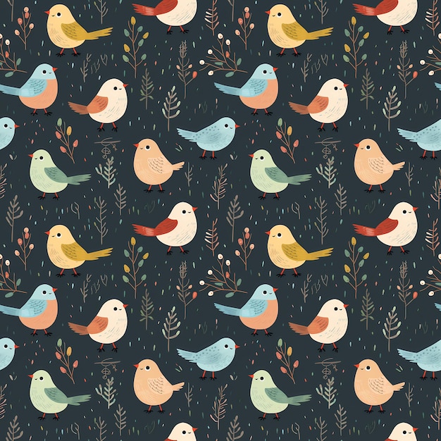 nahtloses Muster von niedlichen kleinen Vögeln im Holz mit pastellfarbenem Hintergrund