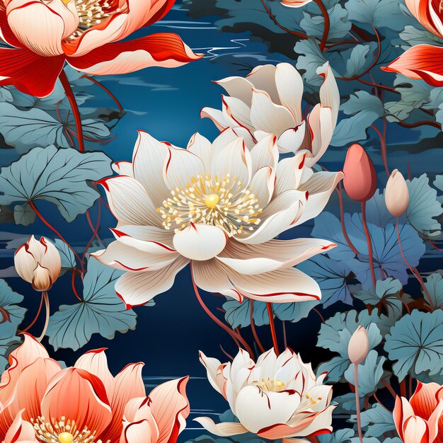 Nahtloses Muster von Vintage-Lotus auf einem Teich mit Stängeln und Blättern Pseudocolor-Abstract Generative ai