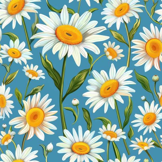 Nahtloses Muster von wunderschönen blühenden Gänseblümchen auf blauem Hintergrund Sommerkonzept