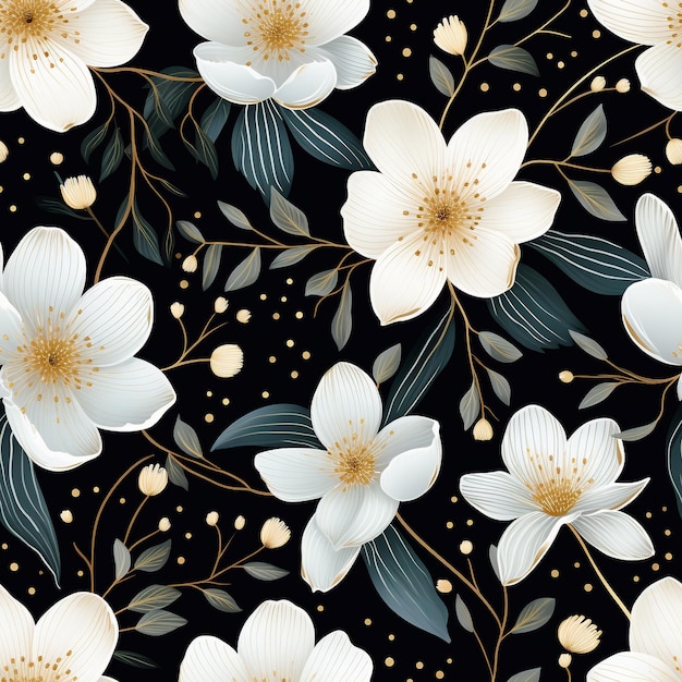 Nahtloses Muster Weiße Blüten und Blätter, die isoliert auf weißem Hintergrund wirbeln, minimalistische Designs, Aquarell, KI generiert