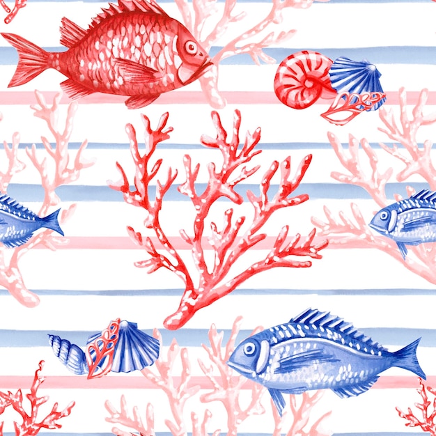Nahtloses Muster zu einem maritimen Thema Aquarellillustration auf weißem Hintergrund für Verpackungsdesign Druck auf Stoff Bettwäsche Dekoration von Feiertagen zu einem marine Thema
