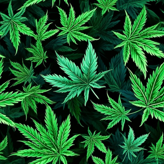 Nahtloses Texturmuster mit grünen Cannabis-Marihuana-Blättern auf dunklem Hintergrund