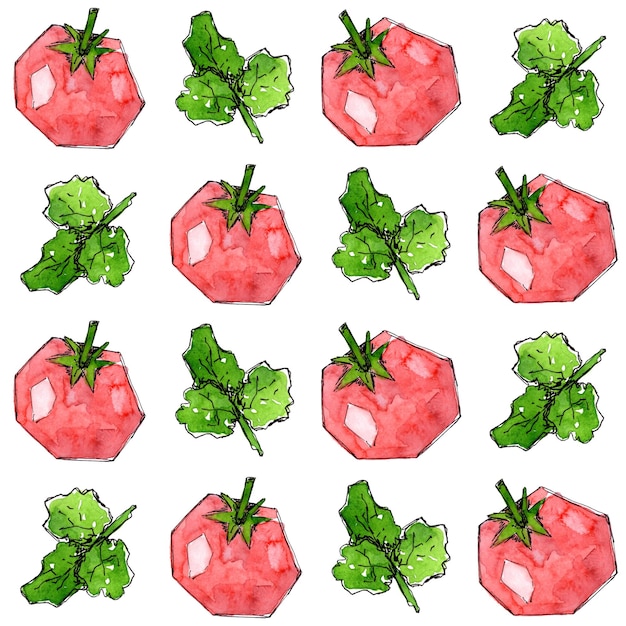 Nahtloses Tomatenmuster mit Petersilienblättern Handgezeichnete Aquarellskizze gemalt Botanische Kunst Design für Stoffe, Textilien, Cafés, Verpackungen