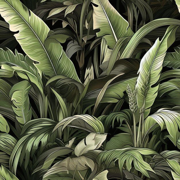 Foto nahtloses tropisch-grünes blattmuster mit monstera-bananenbaum und palmblättern auf dunklem hintergrund
