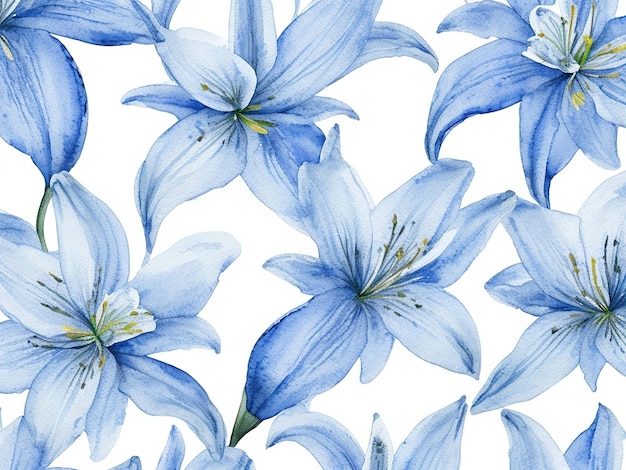 Nahtloses Wasserfarbmuster aus blau-weißen Lilienblüten auf isoliertem Hintergrund