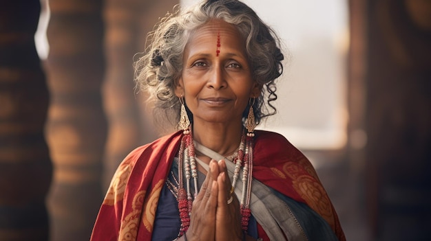 Namaste mujer madura india en el traje tradicional