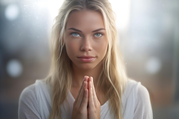 Foto namaste-yoga-pose mit einer frau in naher nähe für gesundheit und wellness-kampagne