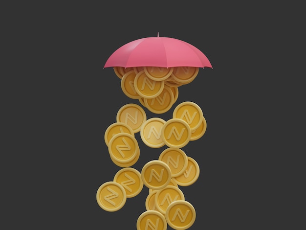 Name Coin Raining Crypto Under Umbrella Reichlicher Reichtum Isolierte 3D-Illusration Render