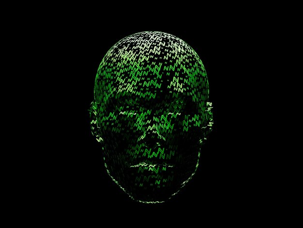 Name Crypto Face Head Cyborg Abstrakte Furistische Hologramm-Technologie 3D-Render