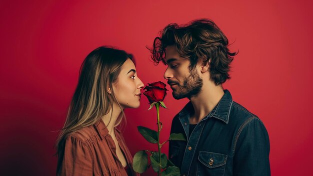 namorada e namorado com conceito de dia dos namorados rosa vermelha