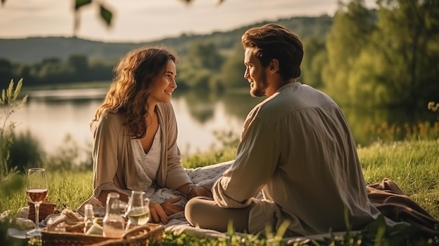 Namorado e namorada relaxando enquanto admiram a linda cena de um campo verdejante IA generativa