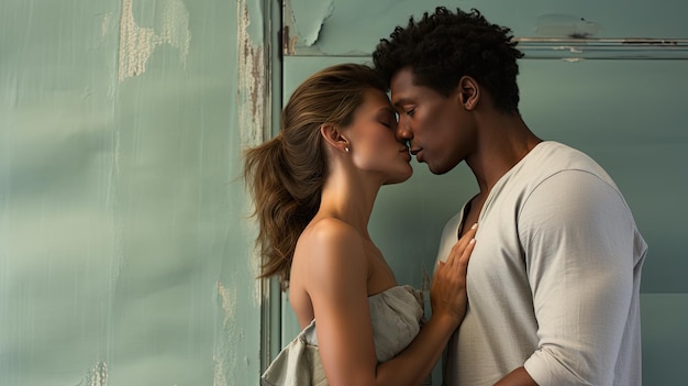 Namorado interracial e namorada se beijando com espaço de cópia