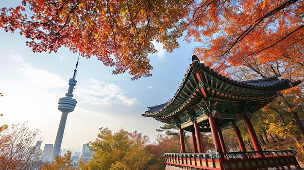 Namsan-Turm und Pavillon während der Herbstblätter in Seoul Generative Ai