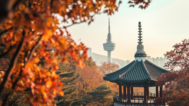 Namsan-Turm und Pavillon während der Herbstblätter in Seoul Generative Ai