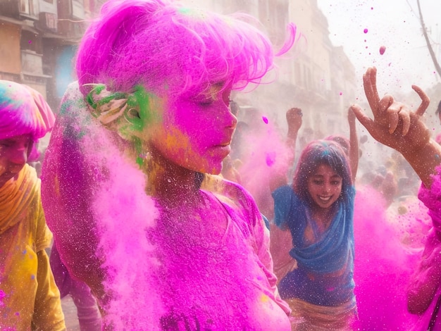 NANDGAON UTTAR PRADESH INDIA 16 DE MARZO DE 2019 La gente hindú se enfrenta a manchas de colores participan en