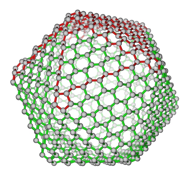 Nanocluster fullereno C720 estructura molecular sobre un fondo blanco.