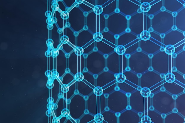 Nanotecnologia de ilustração 3D, close-up de forma geométrica hexagonal brilhante, estrutura atômica de grafeno de conceito, estrutura molecular de grafeno de conceito. Ilustração científica