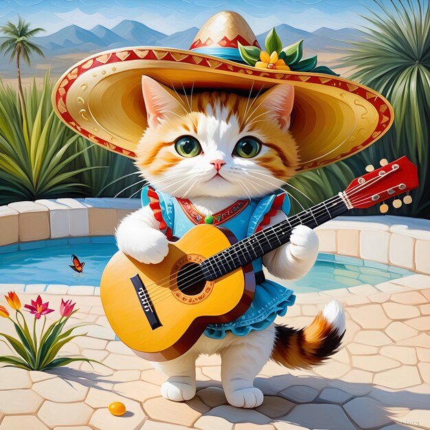 Não é adorável ver um gato da fortuna atrevido e bonito a usar um sombrero e a tocar guitarra?