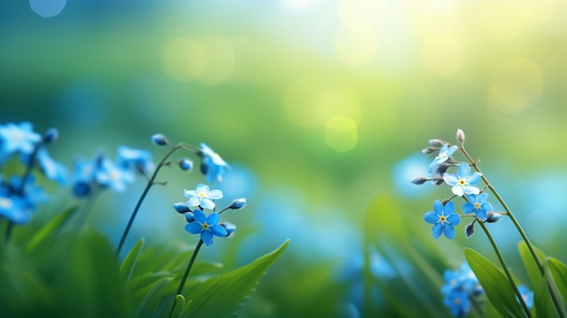 Não me esqueça de flores azuis sobre verde natural turvo