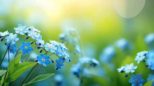 Não me esqueça de flores azuis sobre verde natural turvo