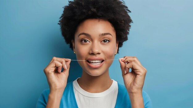 Foto não sou perfeito, mas não me importo. retrato de uma jovem e bonita mulher a limpar os dentes com fio dental contra um azul.