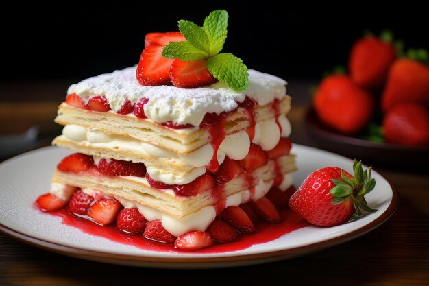 Napoleone-Kuchen mit Erdbeeren garniert