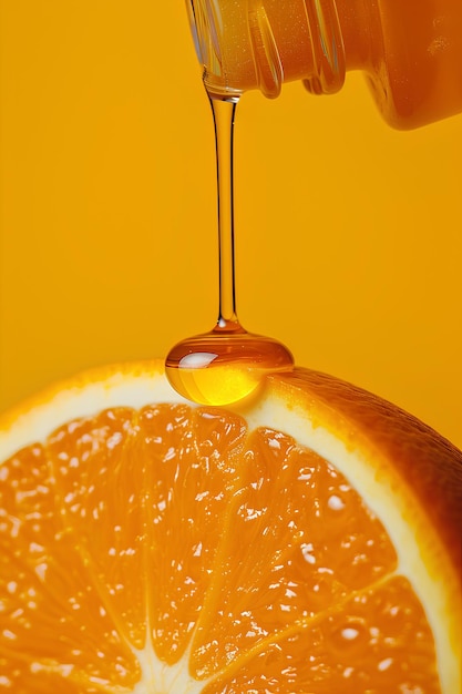 Una naranja con una botella de miel goteando a un lado.