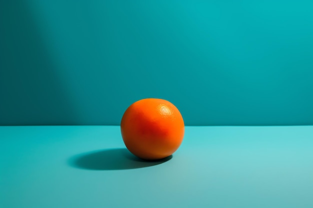 Un naranja brillante se sienta en una mesa azul frente a un fondo azul.