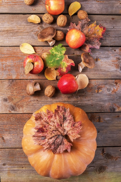 Naranja calabaza con setas cardoncelli, manzanas, nueces y hojas de colores sobre tablas de madera rústicas antiguas.