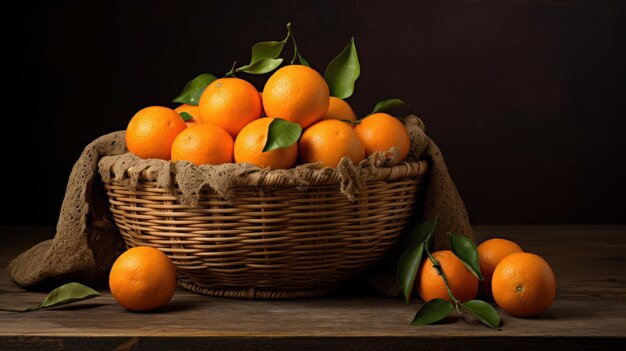 Naranja en la canasta sobre la madera.