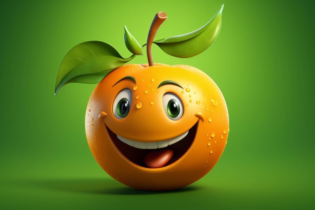 una naranja con una carita sonriente y ojos verdes.