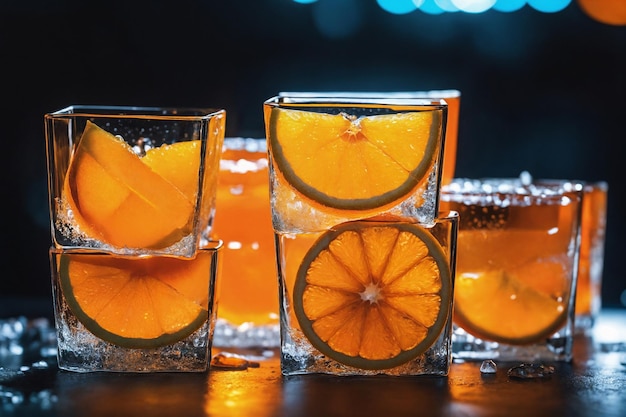 Foto naranja congelada en un cubo de hielo