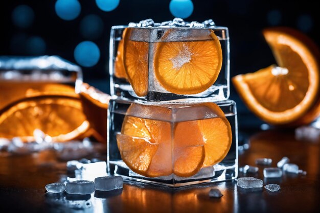 Naranja congelada en un cubo de hielo