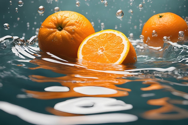 Naranja cortada por la mitad flotando en el agua papel tapiz de fruta de naranja