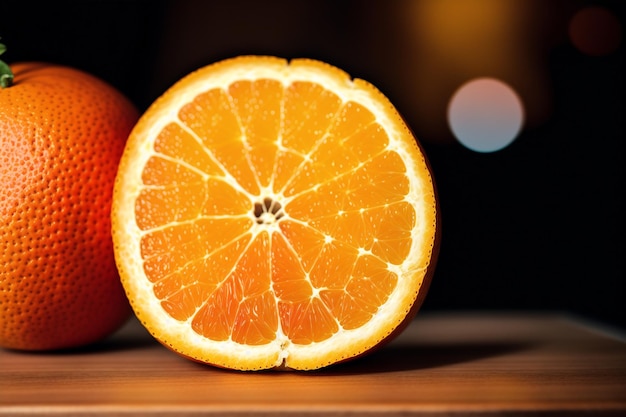 Una naranja con un corte por la mitad y la mitad inferior es naranja.
